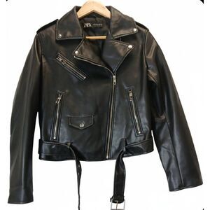 Zara womens large biker jacket leather black